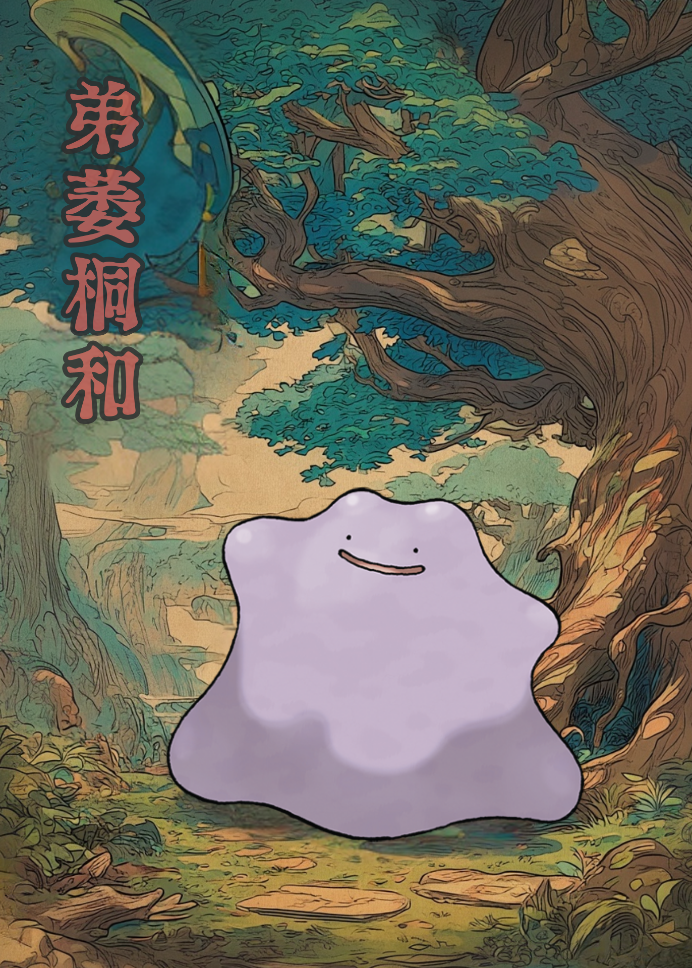 Ditto Pokemon character in a forest with stylized text