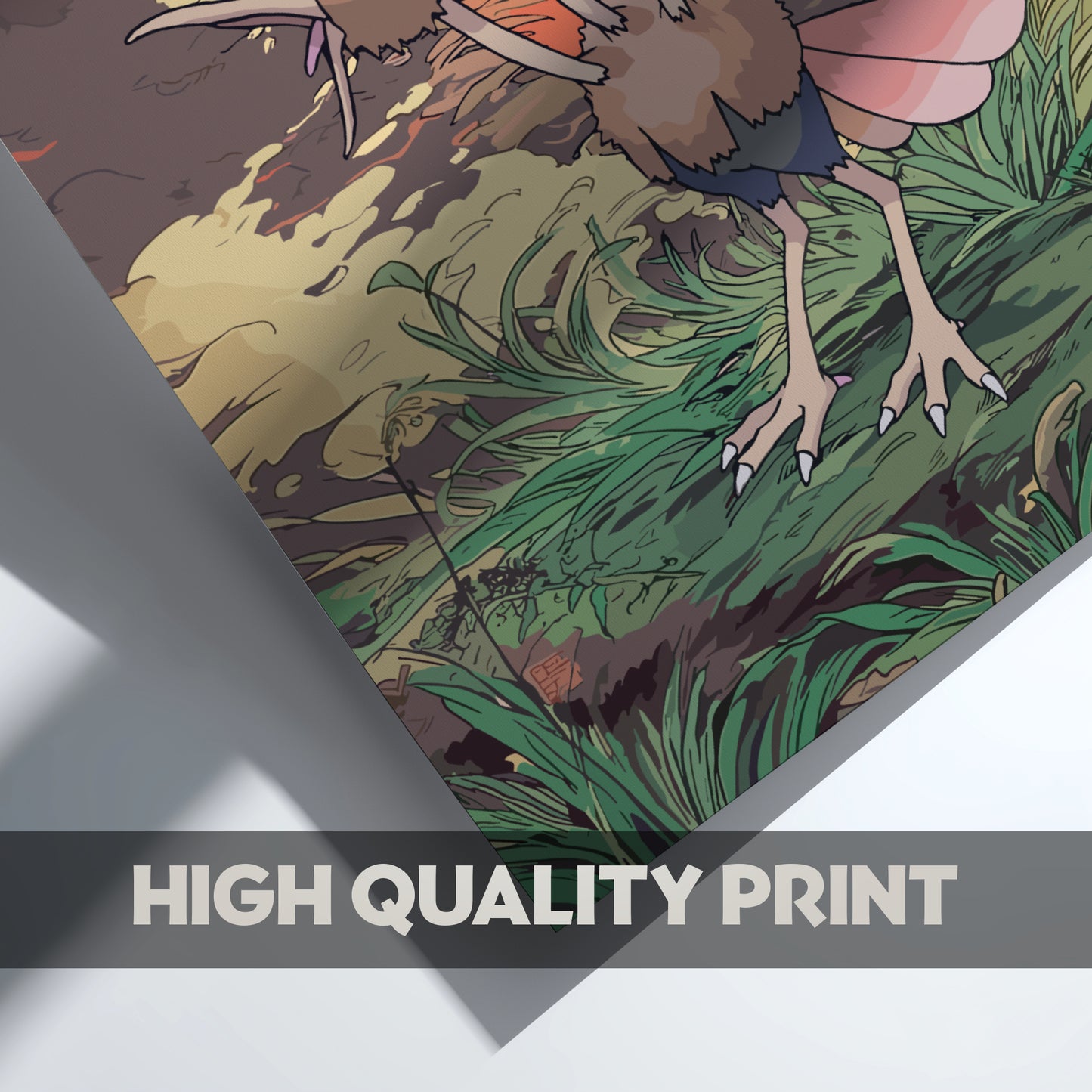 Illustration of a Dodrio Pokemon on a textured surface, labeled 'High Quality Print'.