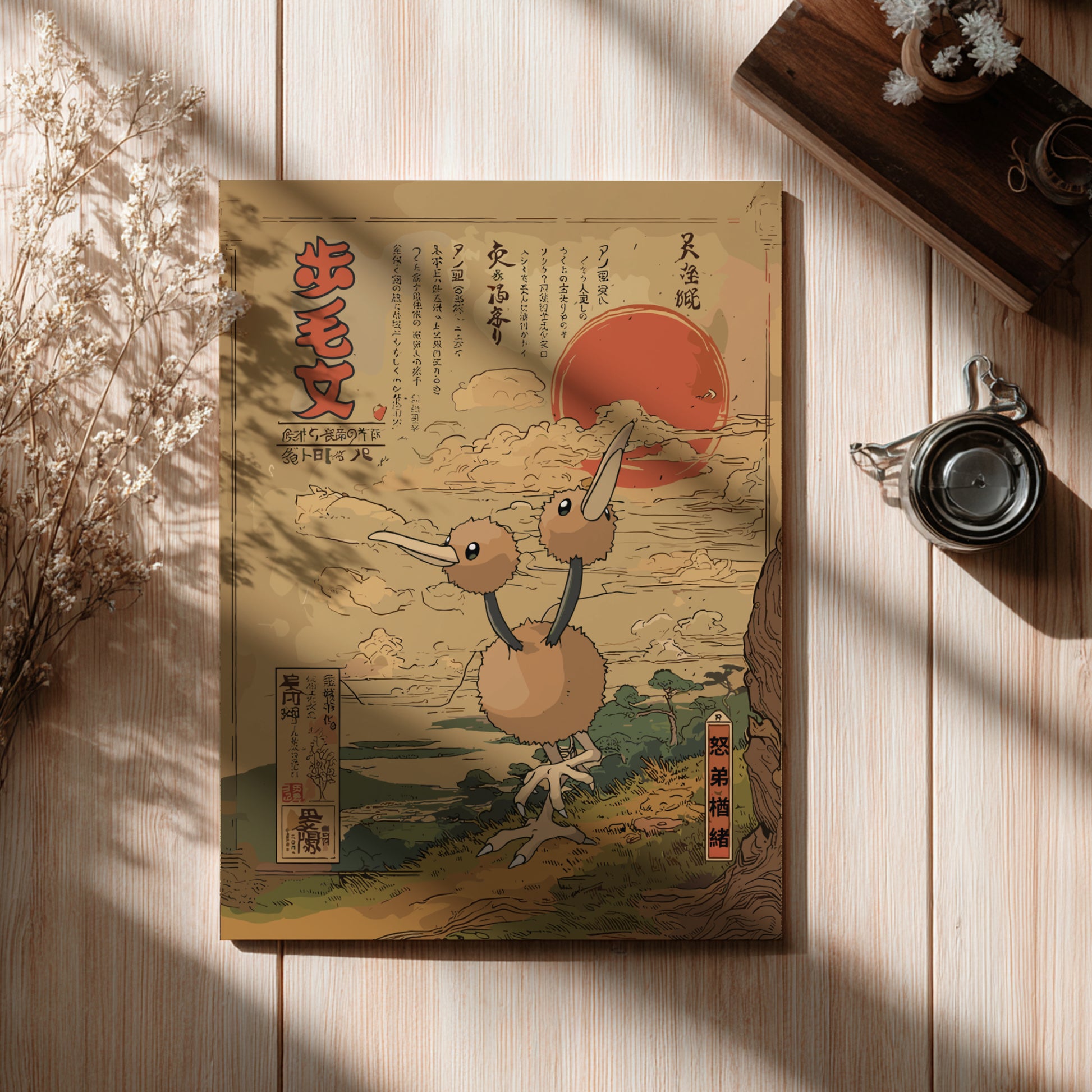 Poster with a vintage-style illustration of Doduo Pokemon on a wooden surface.