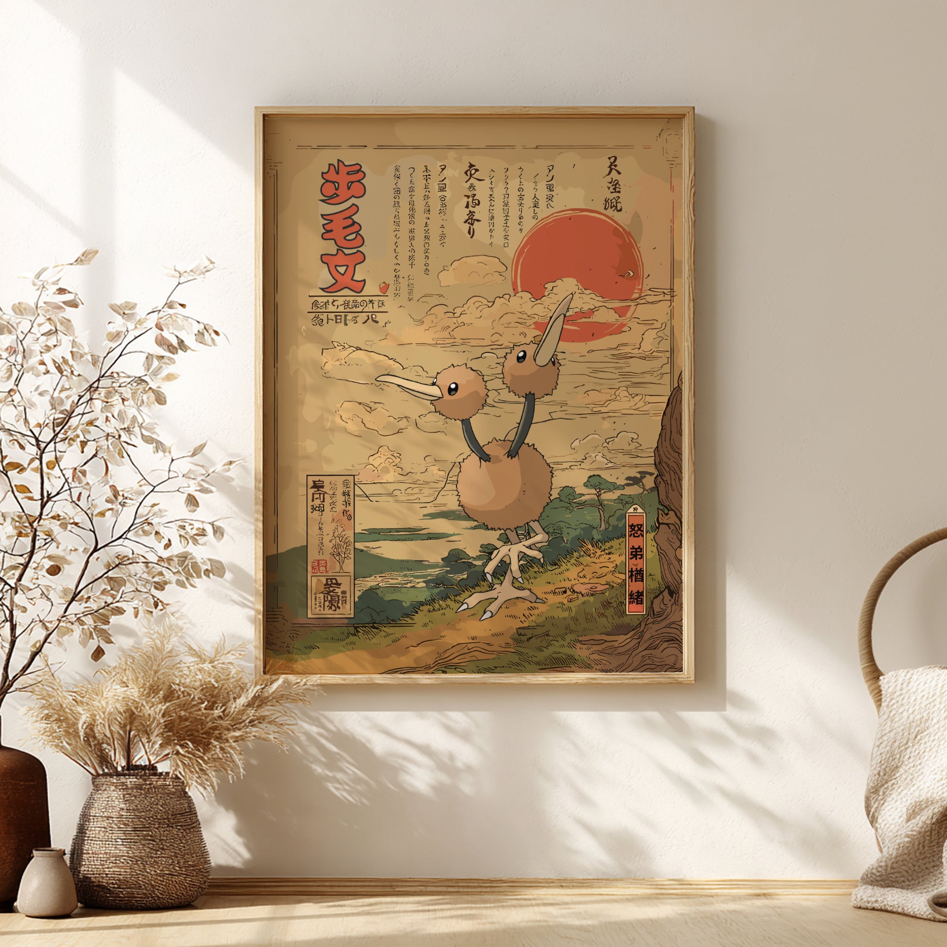 Framed artwork of a stylized Doduo Pokemon in a natural setting on a wall with decorative elements.