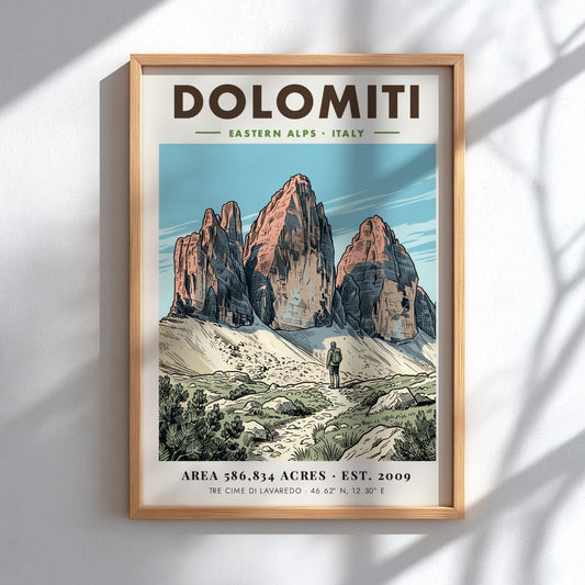 Poster of Dolomiti Tre Cime di Lavaredo with a hiker on a rocky path.