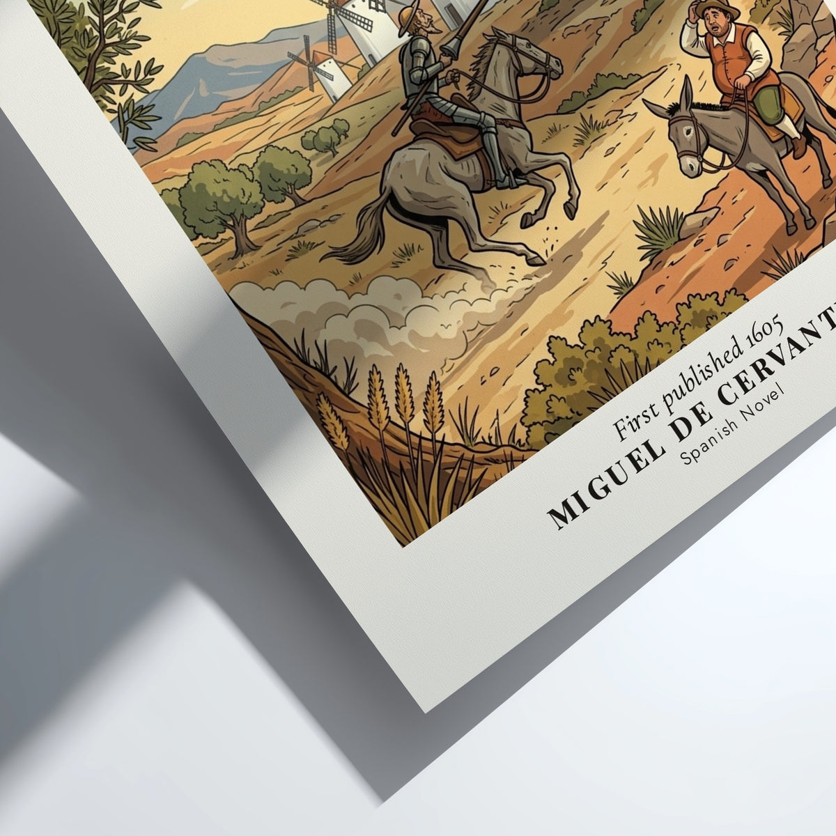 Poster featuring Don Quixote and Sancho Panza riding toward windmills in a classic style.