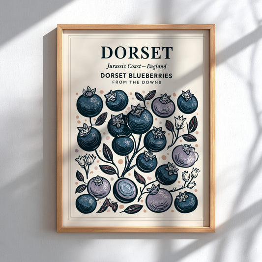 Kitchen poster featuring illustrated blueberries in blue and pastel tones, perfect for home decor.