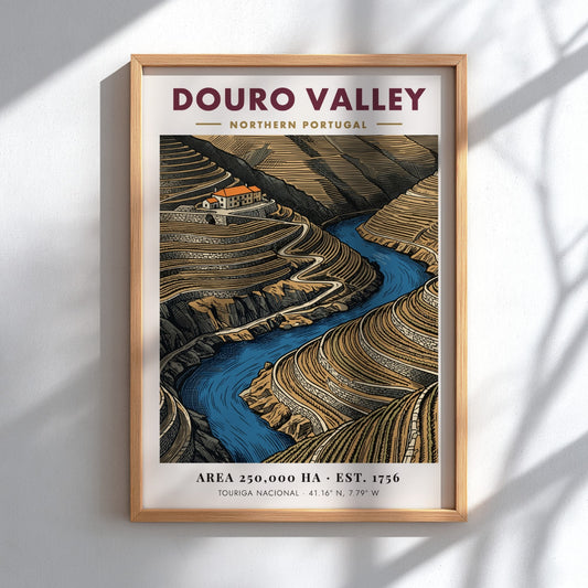 Poster of Douro Valley in Portugal showing terraced vineyards and a blue river.
