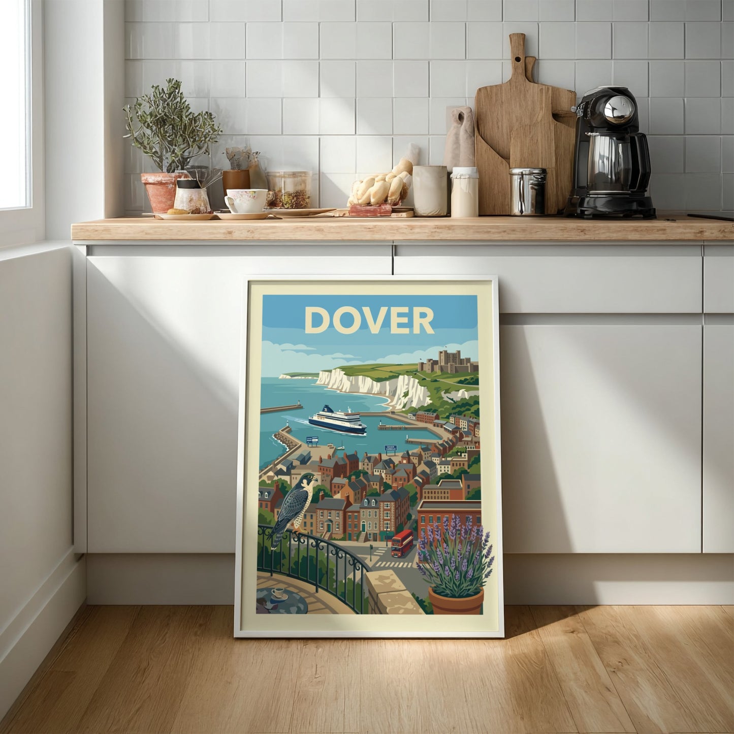 Vintage style poster of Dover harbour with white cliffs, castle, ferry, and town buildings.