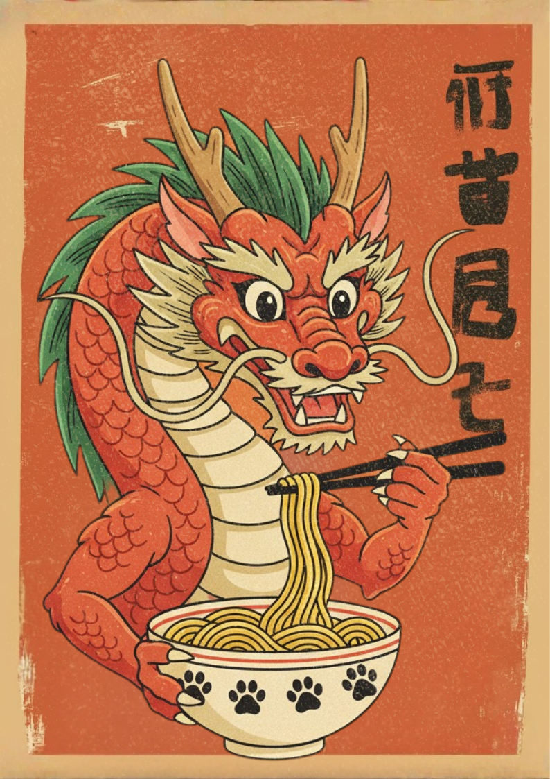 Dragon eating noodles with chopsticks on a red background