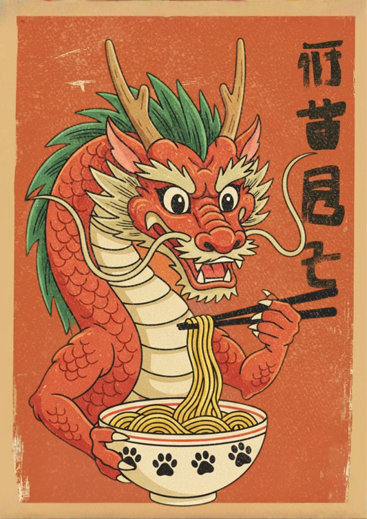 Dragon eating noodles with chopsticks on a red background