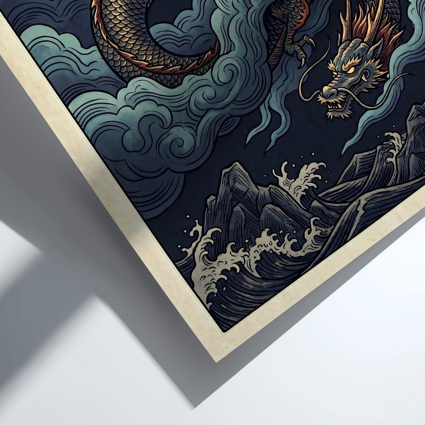 Japanese art style poster featuring a dragon in storm clouds with vibrant colors and intricate details