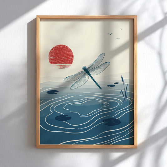 Dragonfly hovering over a dark blue pond with a large red sun above.
