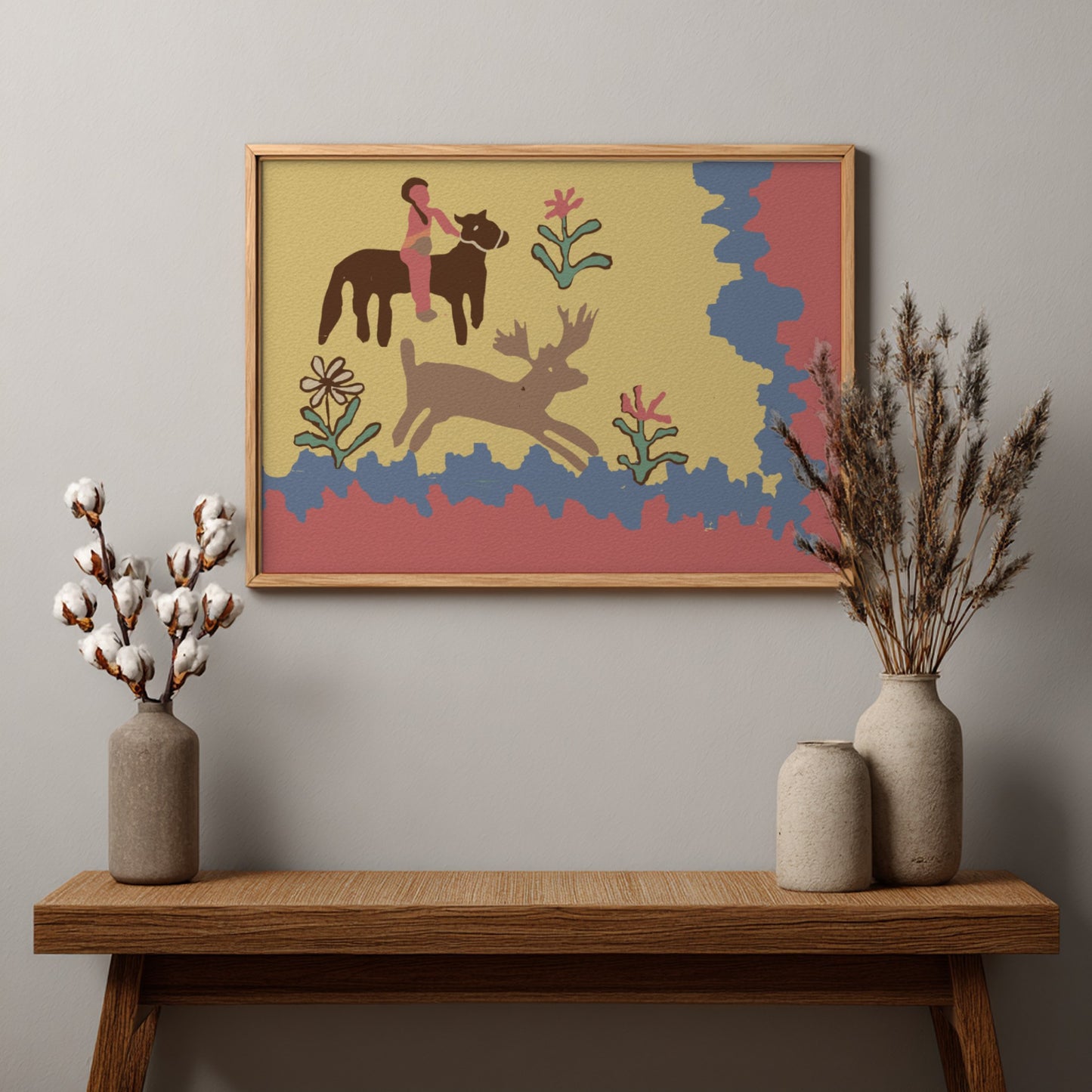 Folk art print of a child on a horse with a deer, rendered in a naive style with muted colors.
