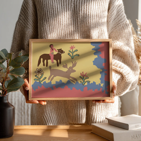 Folk art print of a child on a horse with a deer, rendered in a naive style with muted colors.