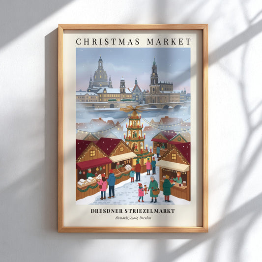 Christmas market poster featuring the Dresdner Striezelmarkt with a central pyramid and snowy skyline.