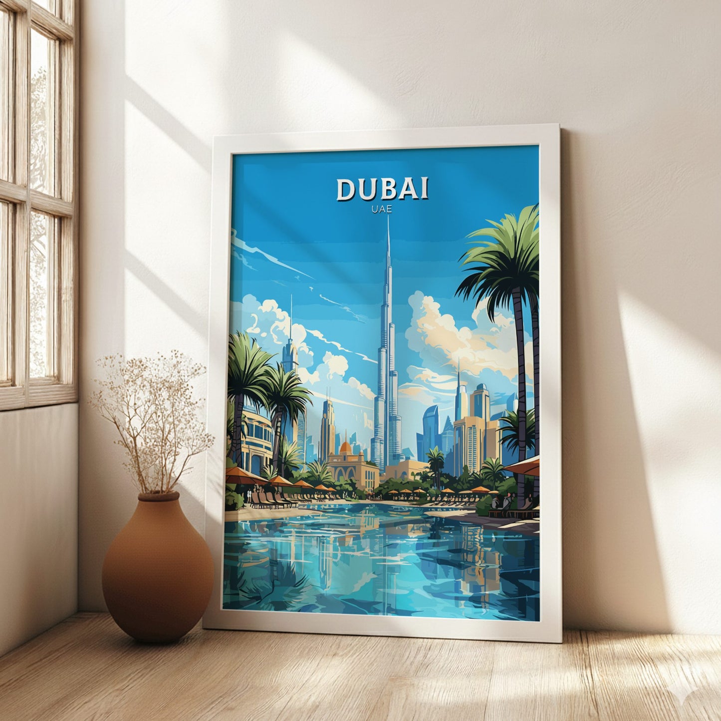 Framed poster of Dubai with modern skyline and palm trees in a bright room.