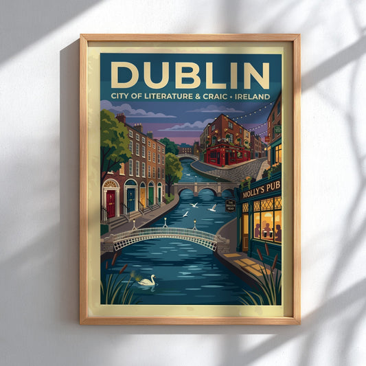 Travel poster of Dublin featuring a river with a swan and historic buildings.