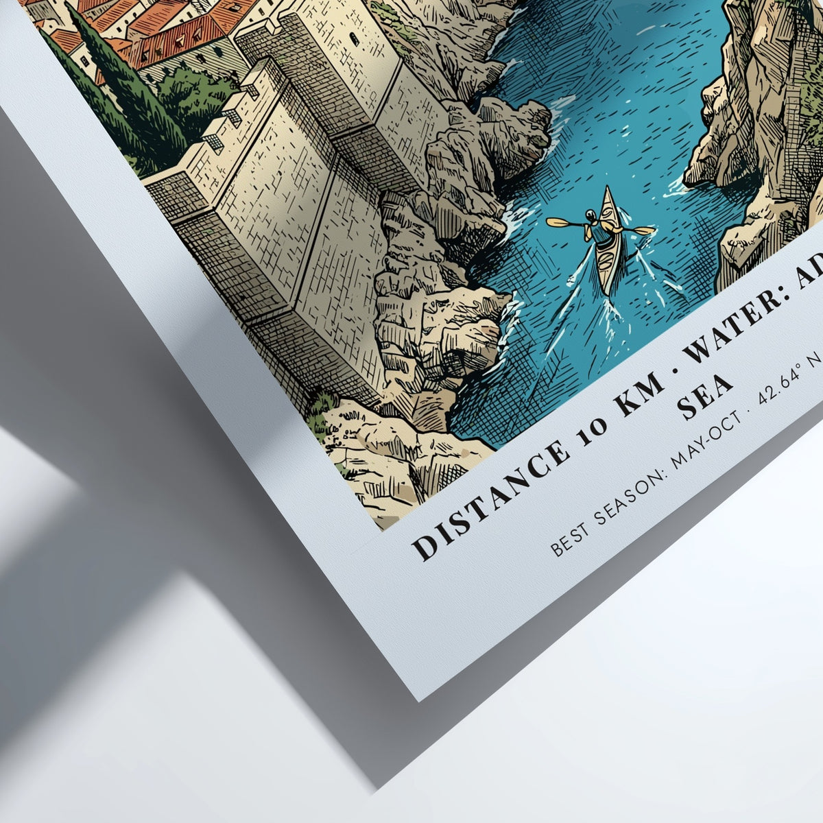 Dubrovnik Croatia travel poster featuring historic stone walls, terracotta rooftops, and a kayaker.