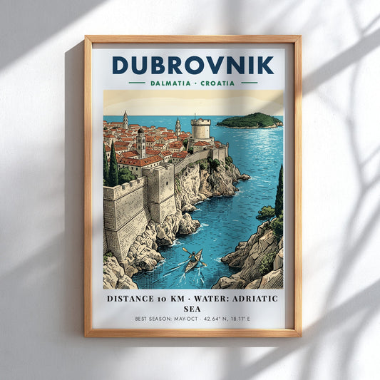 Dubrovnik Croatia travel poster featuring historic stone walls, terracotta rooftops, and a kayaker.