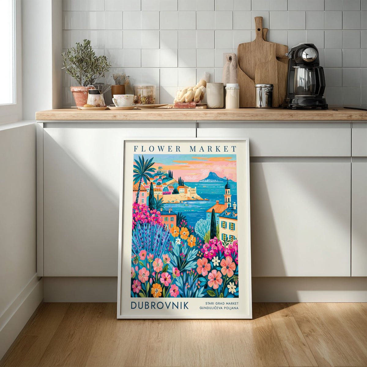 Flower market poster showcasing colorful blooms and coastal cityscape