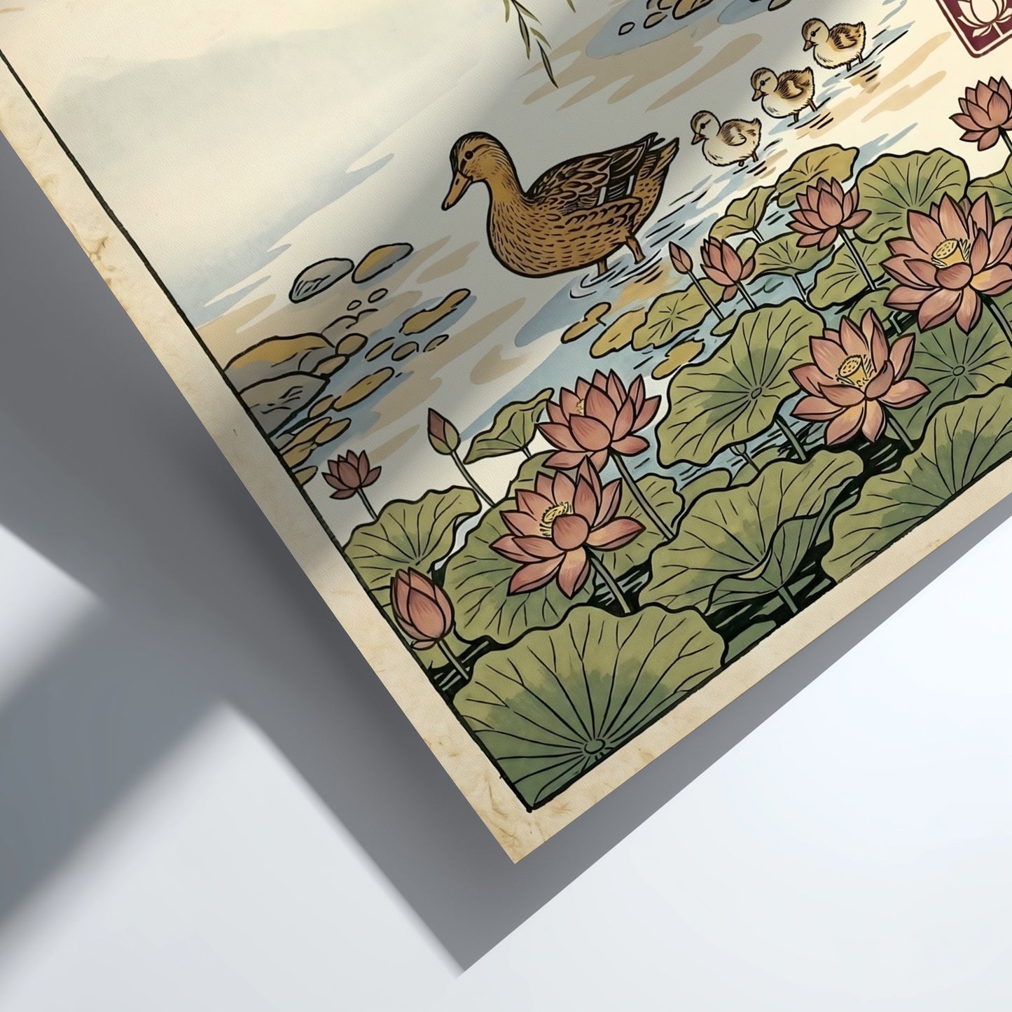 Japanese art style poster featuring a duck and lotus flowers in a serene pond