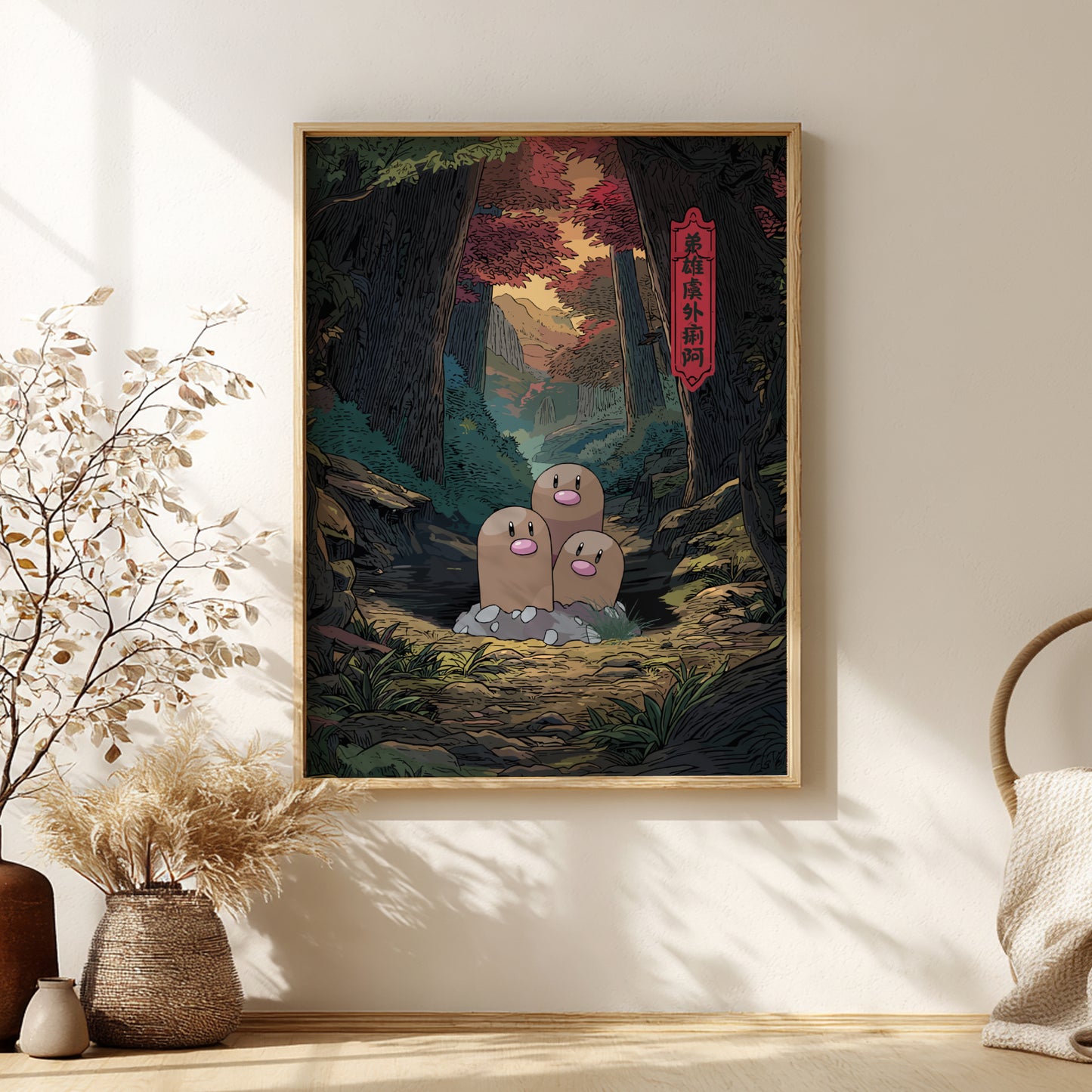 Framed artwork of Dugtrio Pokemon character in a forest scene on a wall with decorative elements.