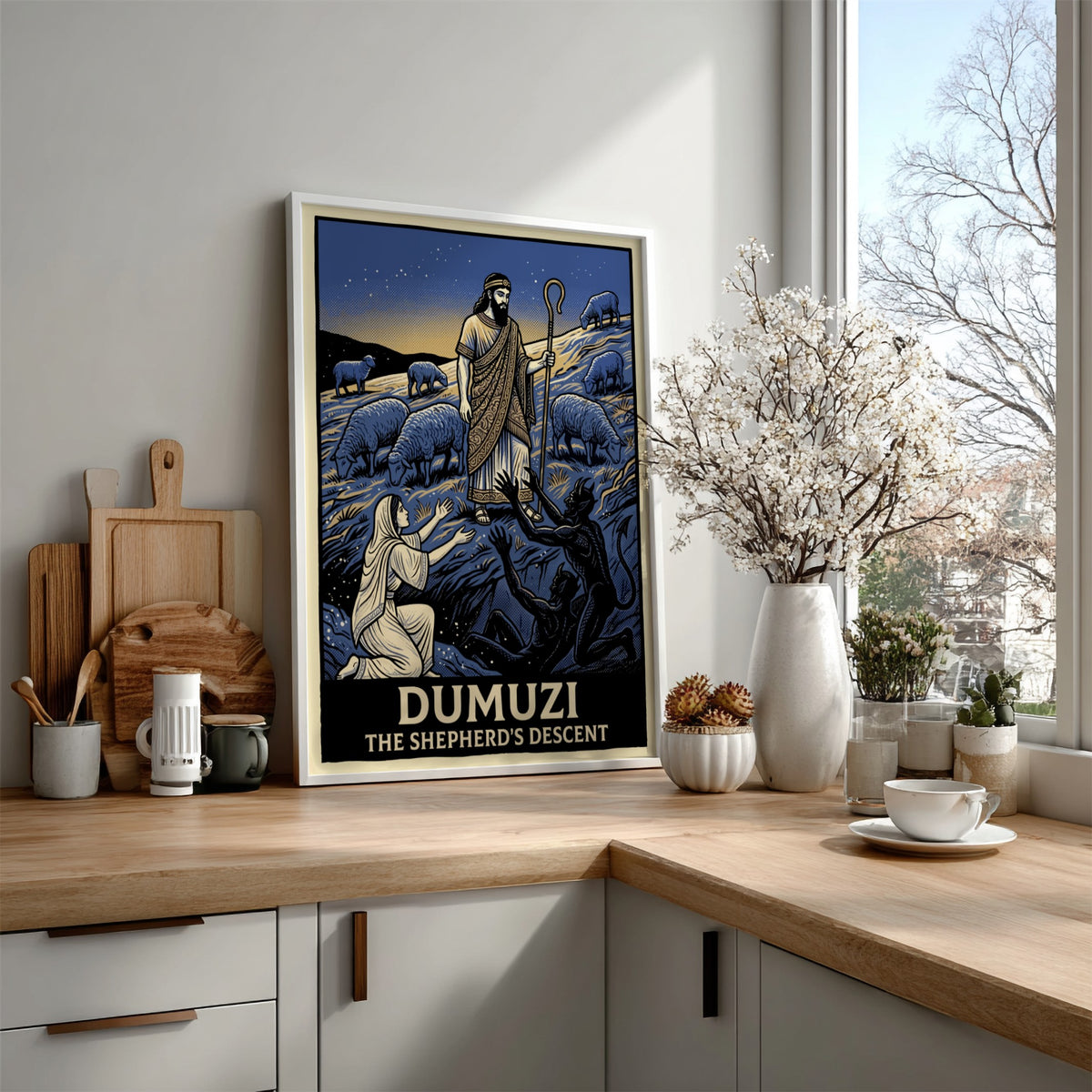 Dumuzi The Shepherd's Descent poster featuring a shepherd, sheep, and spirits in blue.