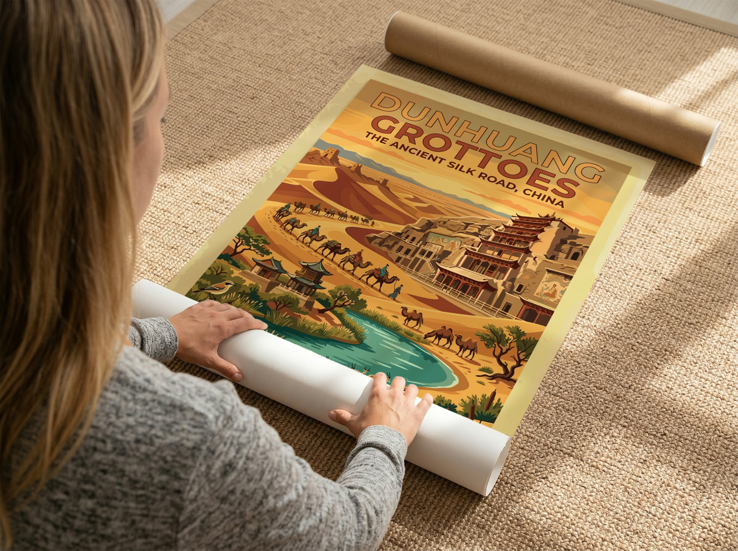 Travel poster featuring Dunhuang Grottoes on the ancient Silk Road with desert dunes camels