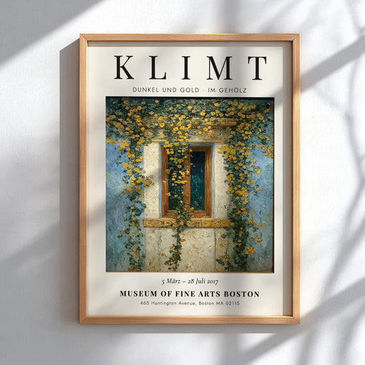 Dunkel und Gold poster featuring a window with yellow flowers, inspired by Gustav Klimt's style