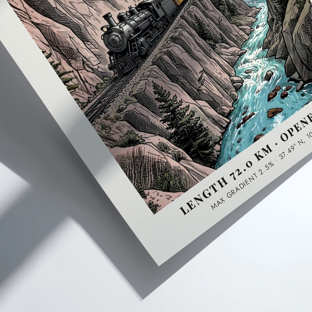 Poster of a steam train traveling along a cliffside in Durango Colorado mountains.
