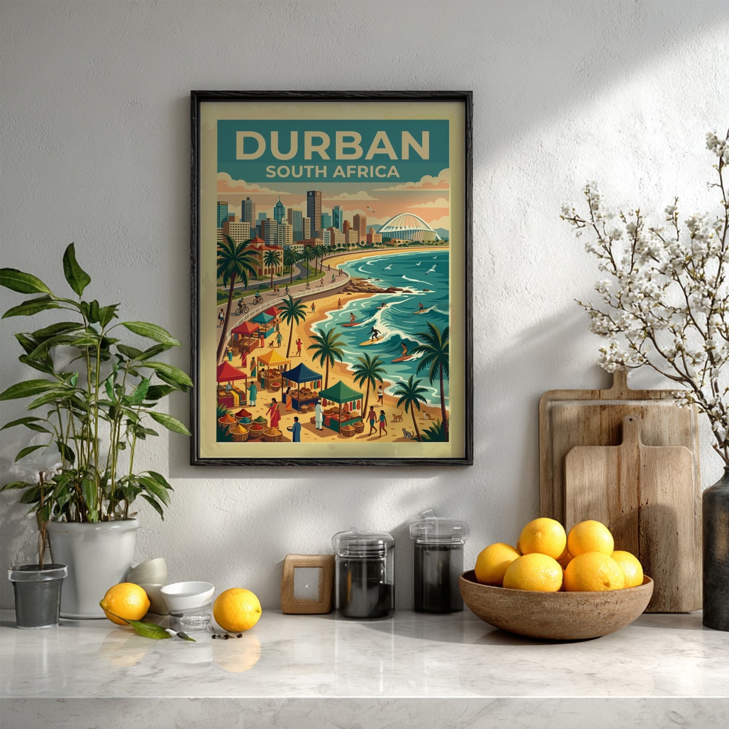Travel poster of Durban South Africa featuring a coastal skyline and busy beach