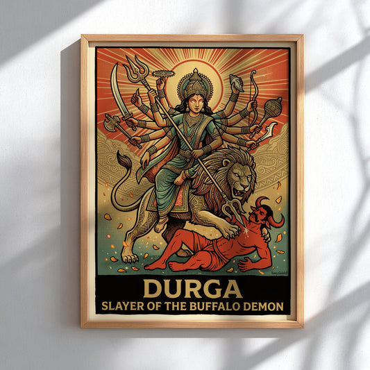 Poster of Durga riding a lion and slaying a demon in warm orange tones