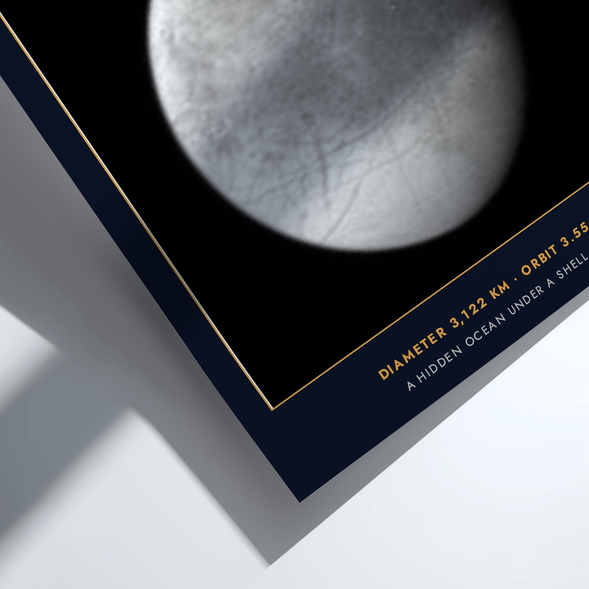 Poster of Europa featuring a detailed monochrome moon against a dark navy blue background.