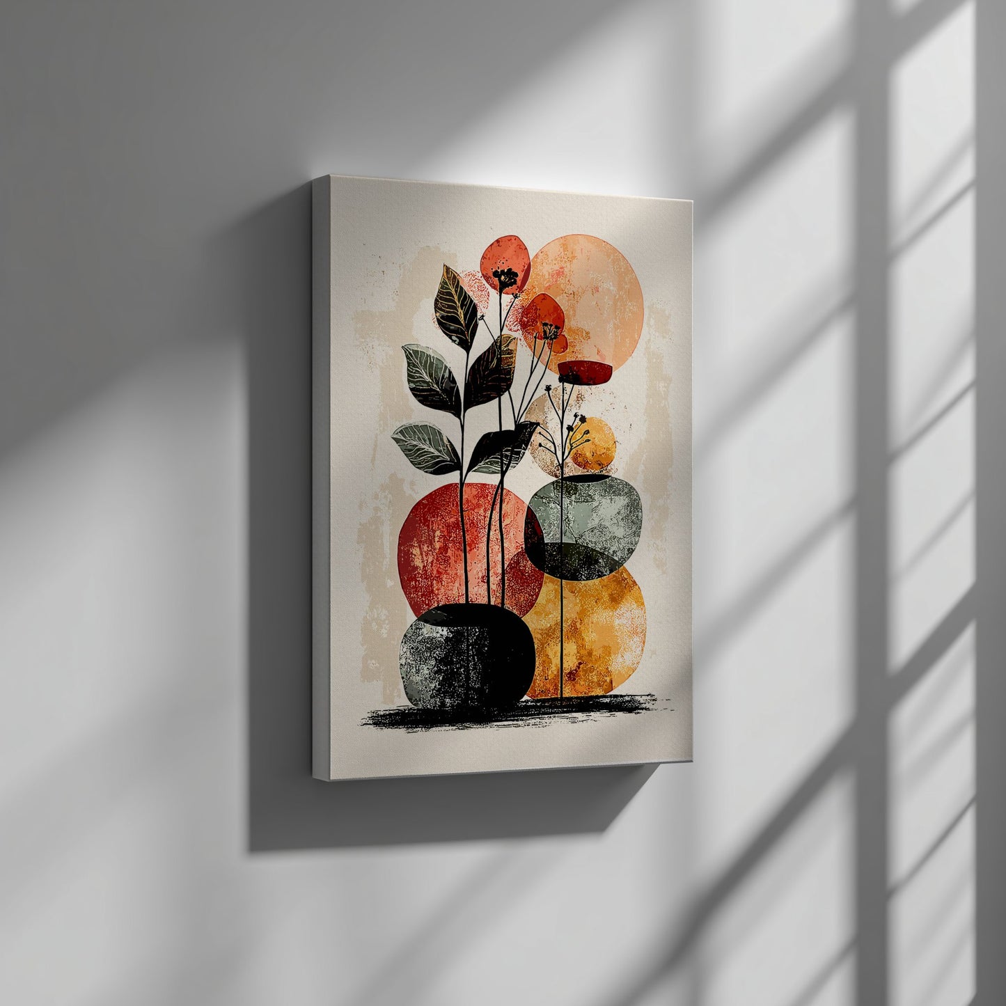 Canvas print of a colorful floral arrangement on a wall with soft shadows.