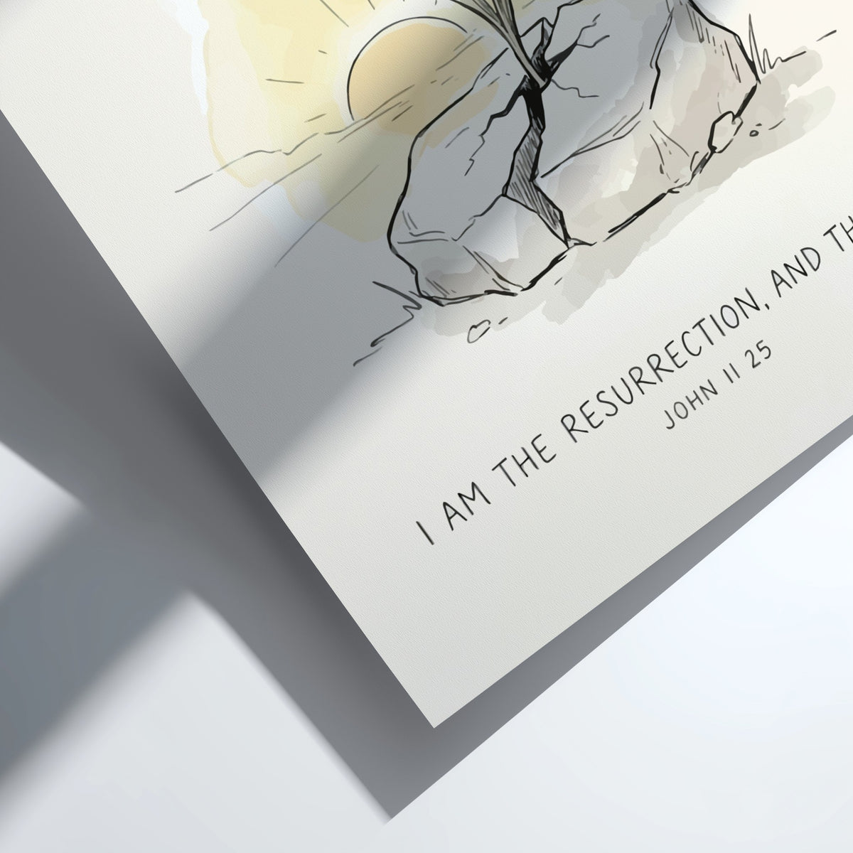 Poster featuring a lily growing from a cracked stone with golden sunrise background.