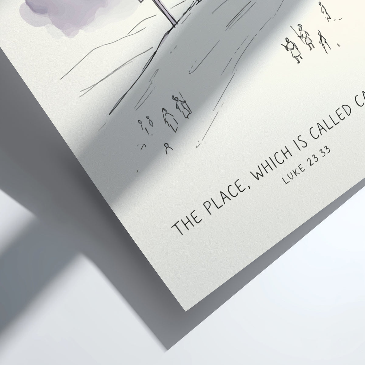 Poster featuring three crosses on a hill with moody purple clouds and biblical text.