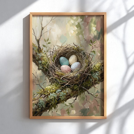 Poster featuring a bird nest with speckled pastel eggs nestled in mossy branches