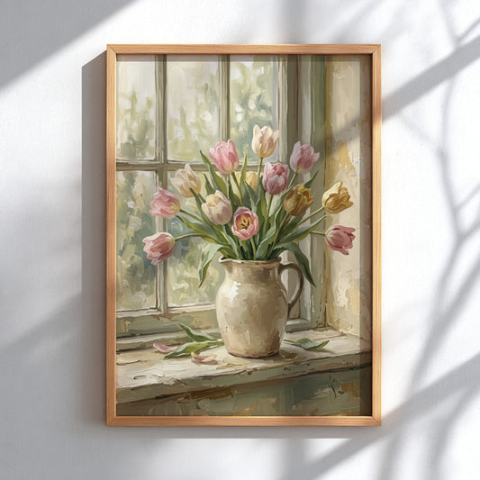 Poster featuring soft pastel tulips in a cream pitcher on a rustic wooden windowsill
