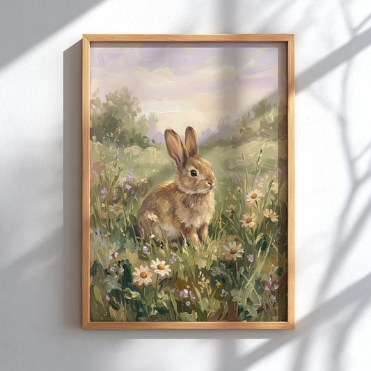 Easter bunny poster featuring a brown rabbit sitting in a field of daisies.