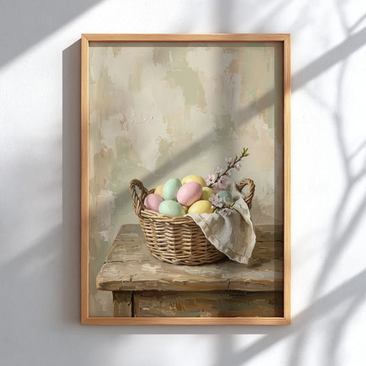 Poster of pastel Easter eggs in a rustic basket with blossoms on wooden table