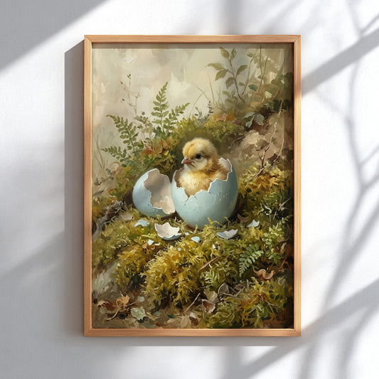 Poster of a fluffy yellow chick hatching from a blue egg in mossy woods.