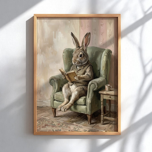 Poster of a brown rabbit wearing a vest sitting in a green armchair reading