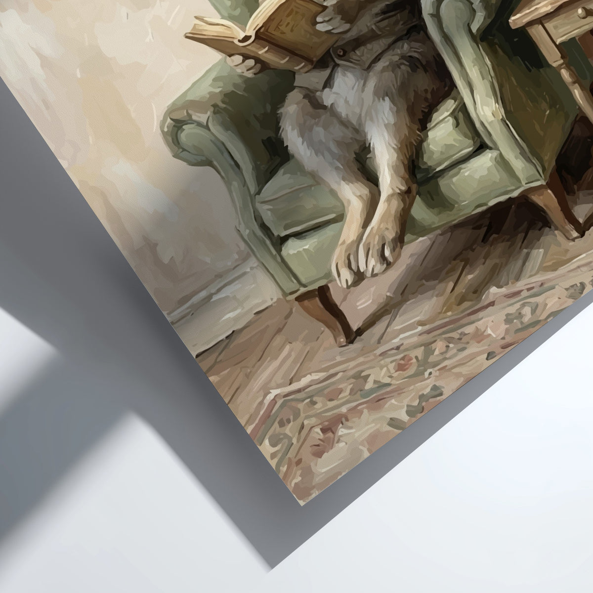 Poster of a brown rabbit wearing a vest sitting in a green armchair reading