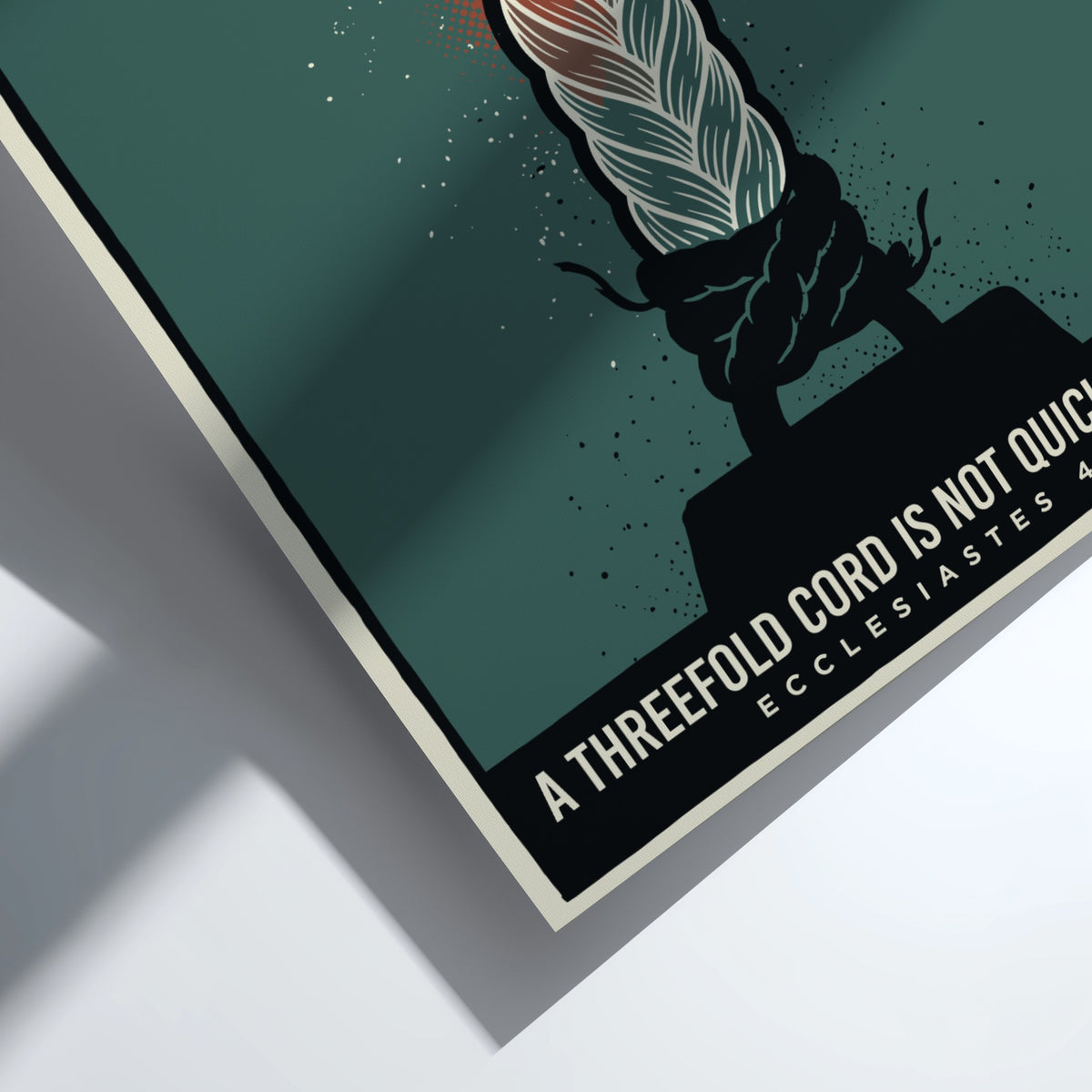 Poster featuring three intertwined ropes in teal and terracotta with the text A Threefold Cord