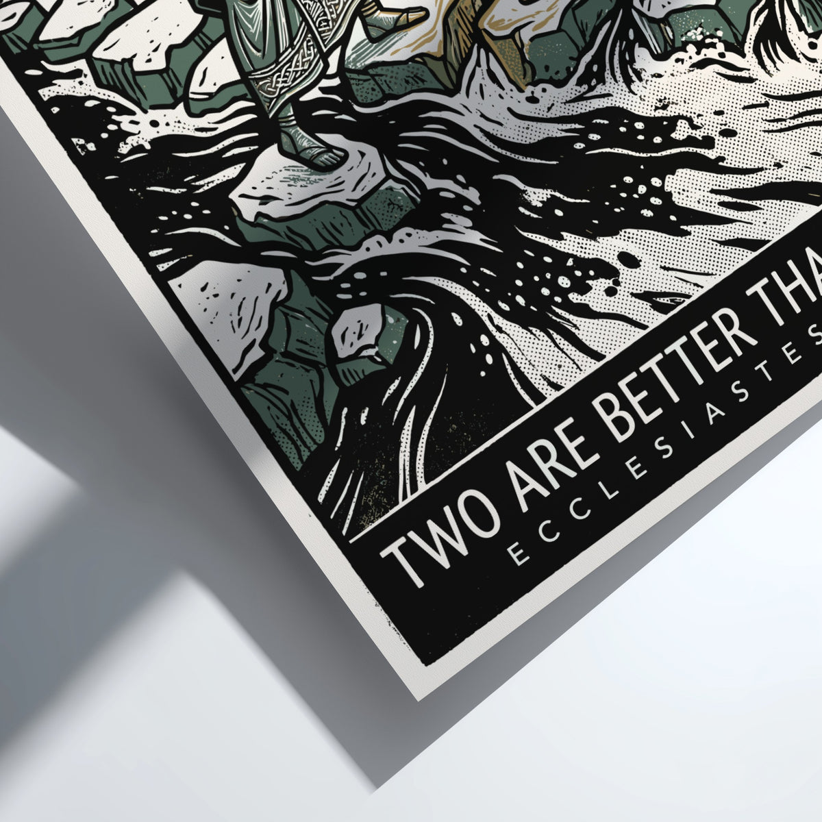 Poster featuring two figures helping each other cross a river with text below.