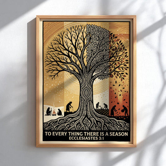 Poster featuring a seasonal tree with scriptural text in earthy brown and cream tones