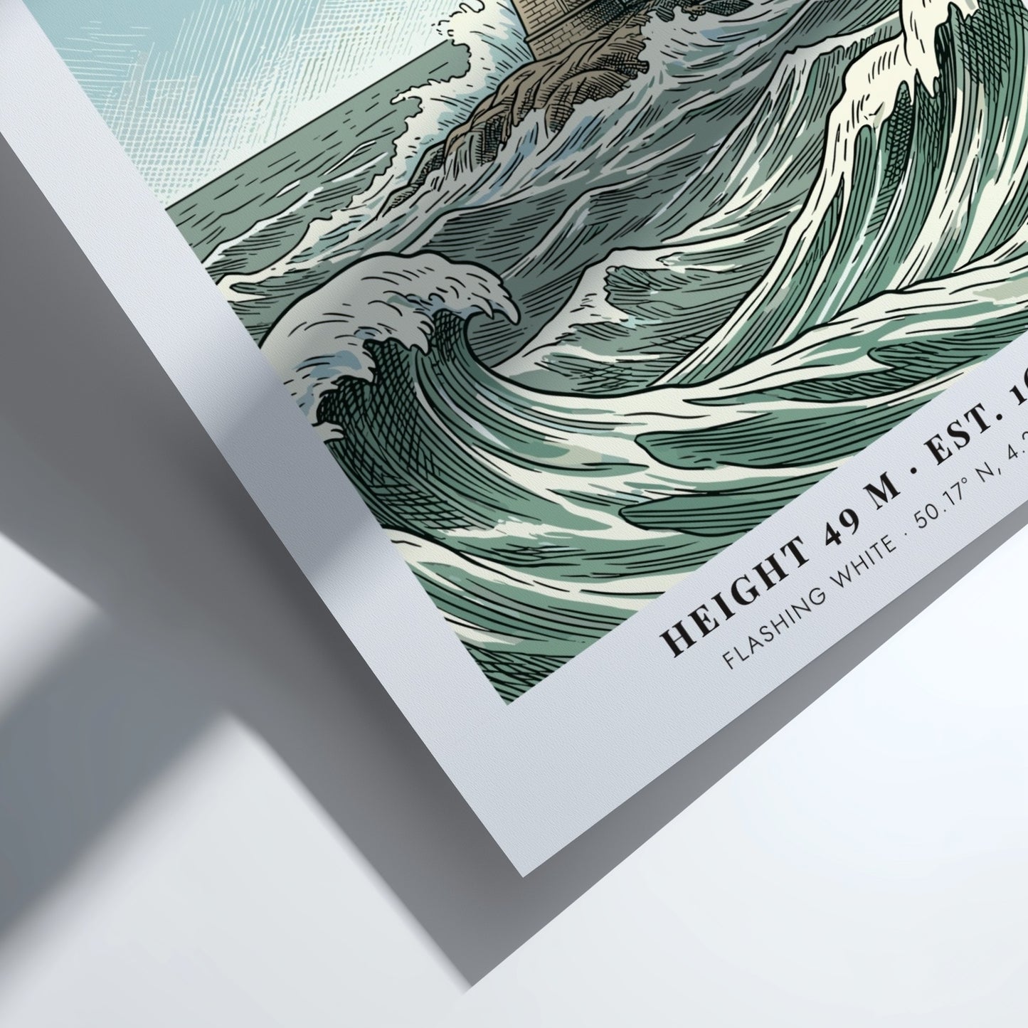 Poster of Eddystone Lighthouse in the English Channel with crashing waves and text.