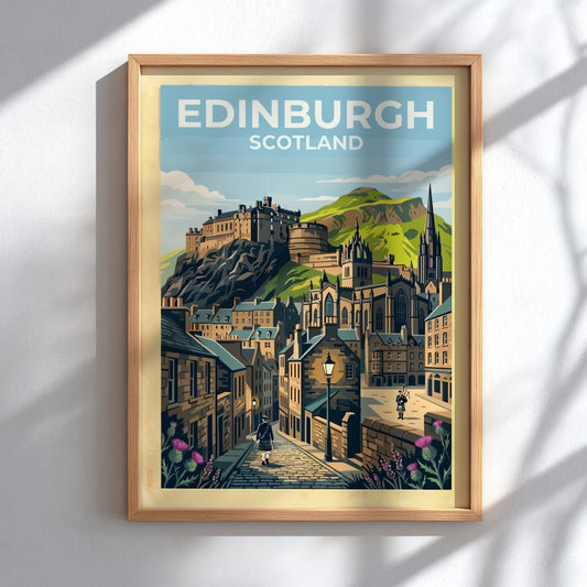 Travel poster of Edinburgh Scotland featuring the castle, cobblestone streets, bagpipers, and thistles.