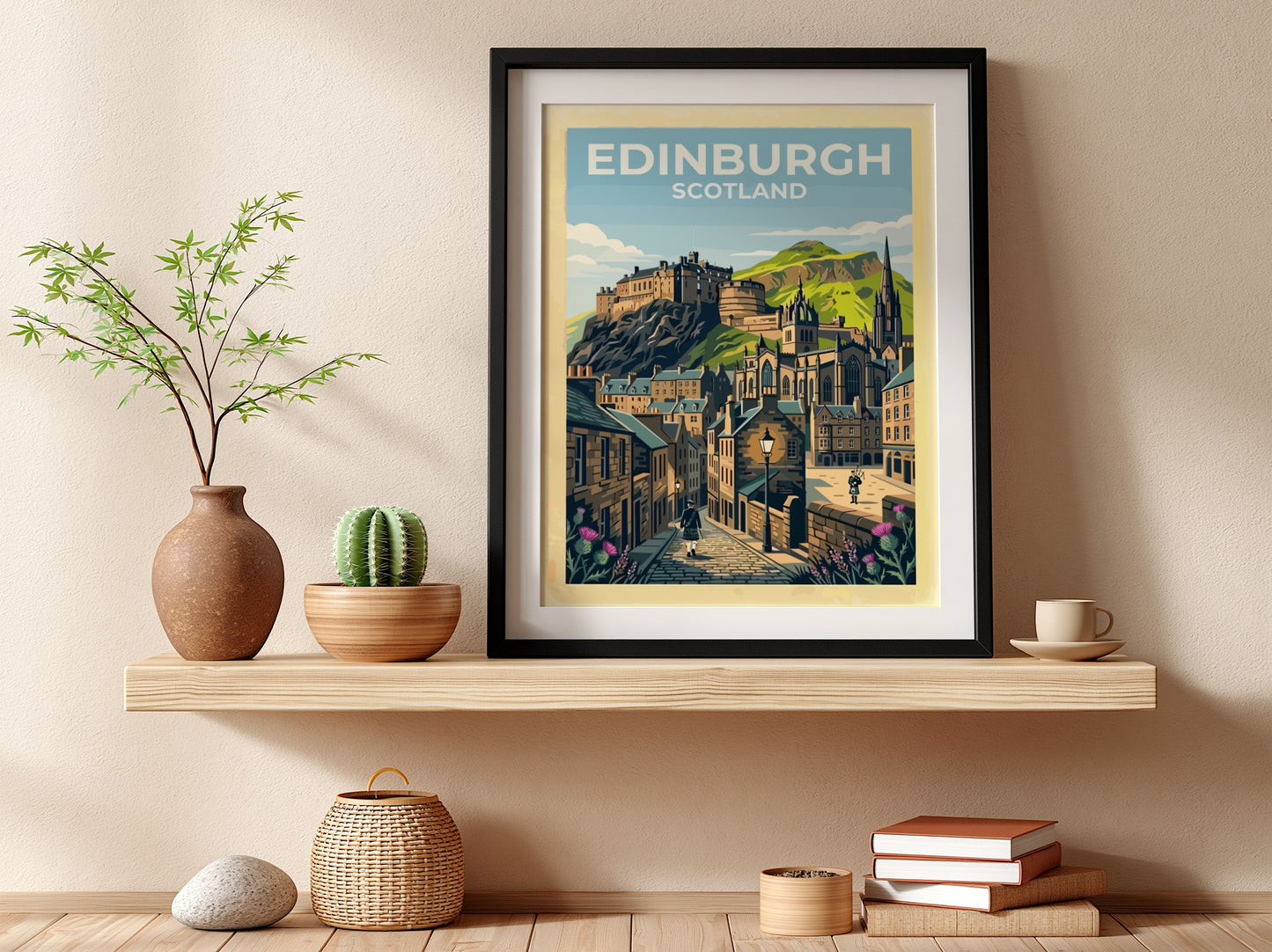 Travel poster of Edinburgh Scotland featuring the castle, cobblestone streets, bagpipers, and thistles.