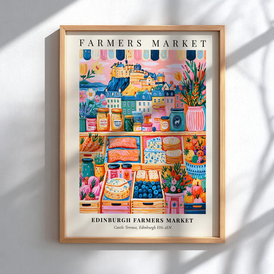 Edinburgh Farmers Market poster featuring colorful fruits and vegetables with a city skyline backdrop