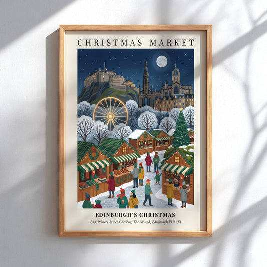 Poster of Edinburgh Christmas Market with festive stalls below the illuminated castle and moon