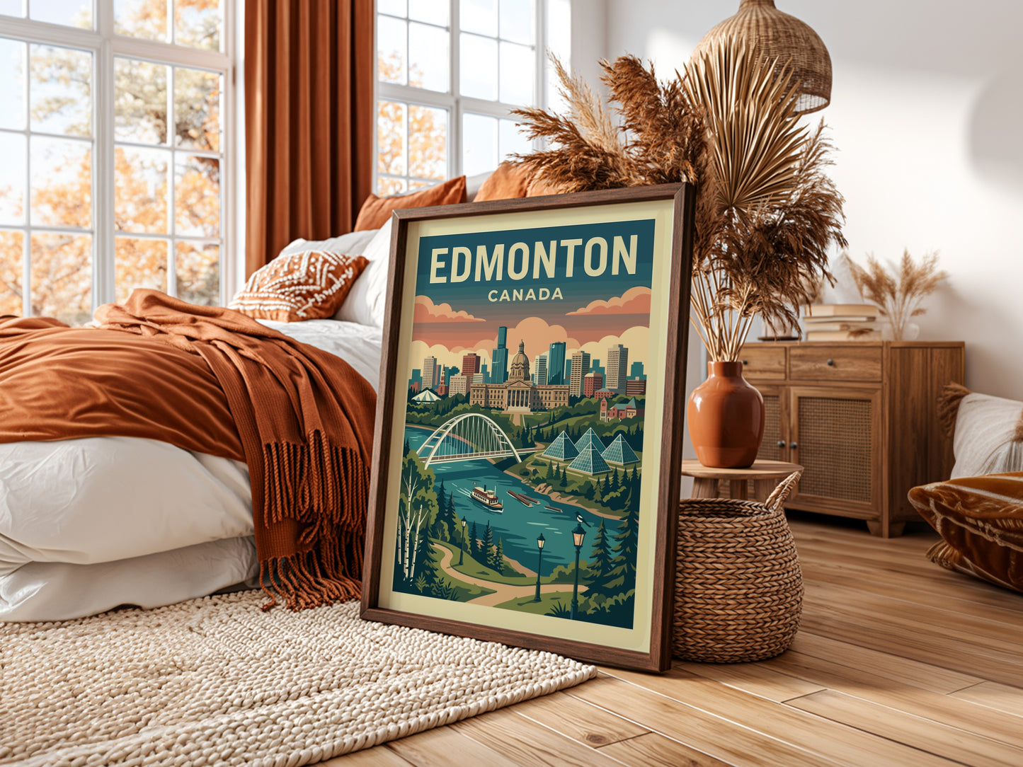 Edmonton skyline travel poster with retro art style, featuring the Alberta Legislature and Walterdale Bridge.