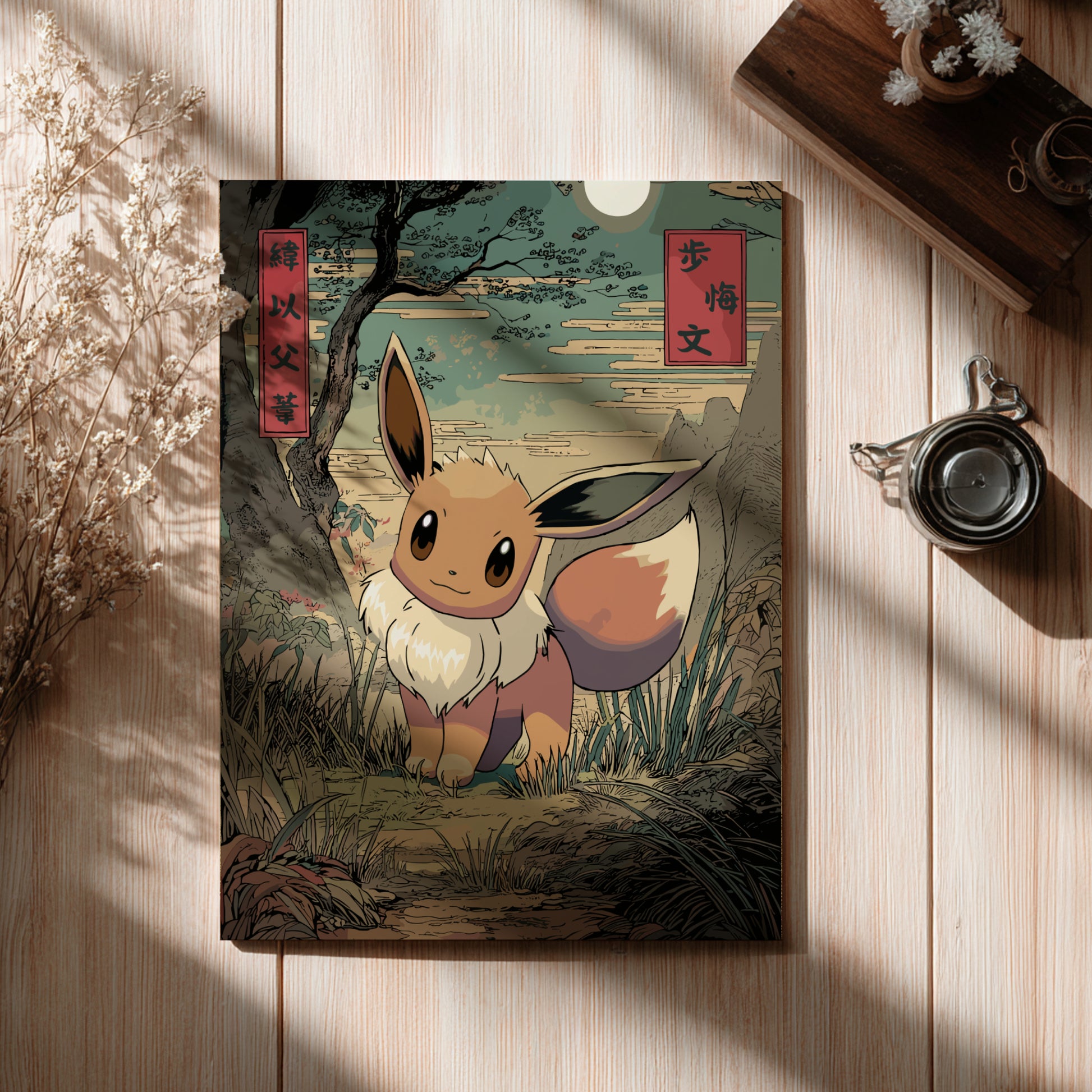 Illustration of Eevee Pokemon in a natural setting on a wooden surface with a cup and branches.